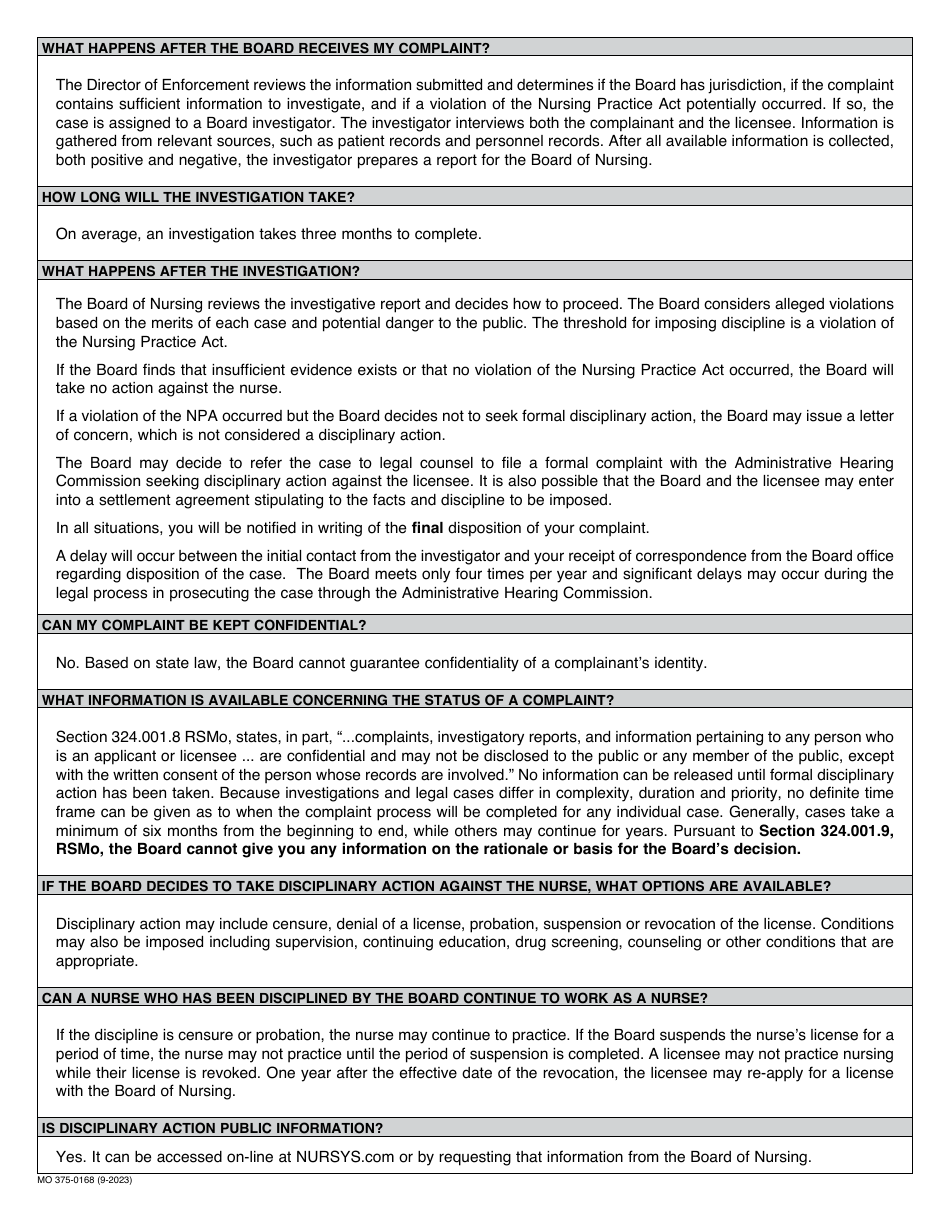 Form MO375-0168 Complaint Report - Missouri, Page 4