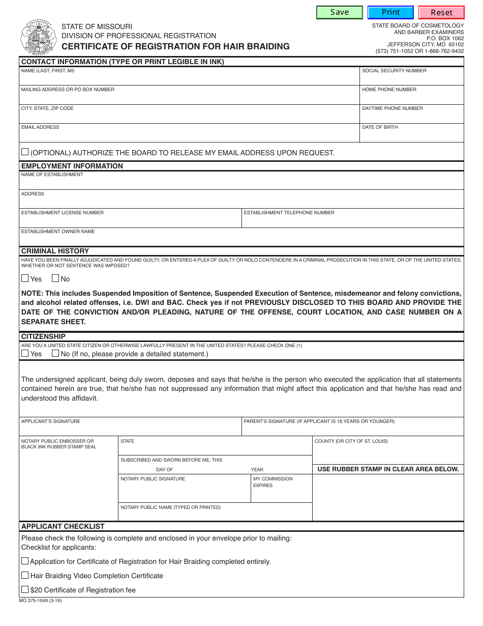 Form MO375-1049 Certificate of Registration for Hair Braiding - Missouri, Page 1