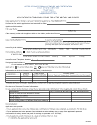 Document preview: Application for Temporary License for Active Military and Spouses - New Hampshire
