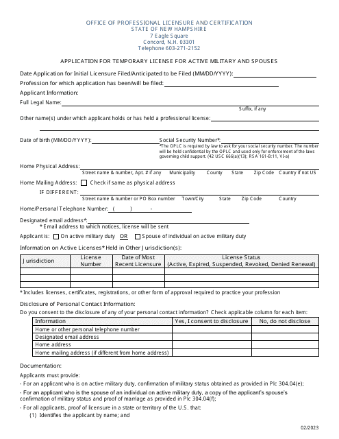Application for Temporary License for Active Military and Spouses - New Hampshire Download Pdf
