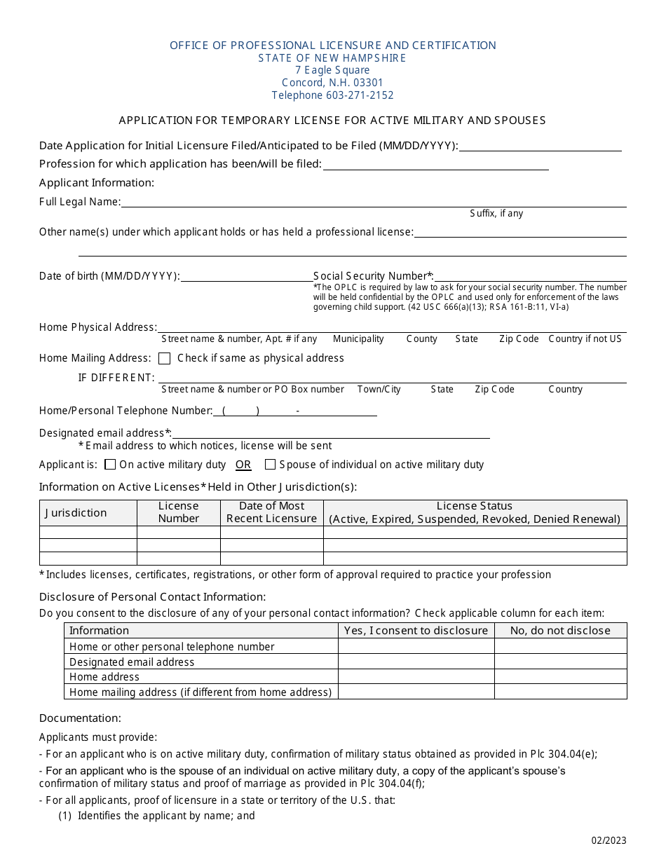 Application for Temporary License for Active Military and Spouses - New Hampshire, Page 1