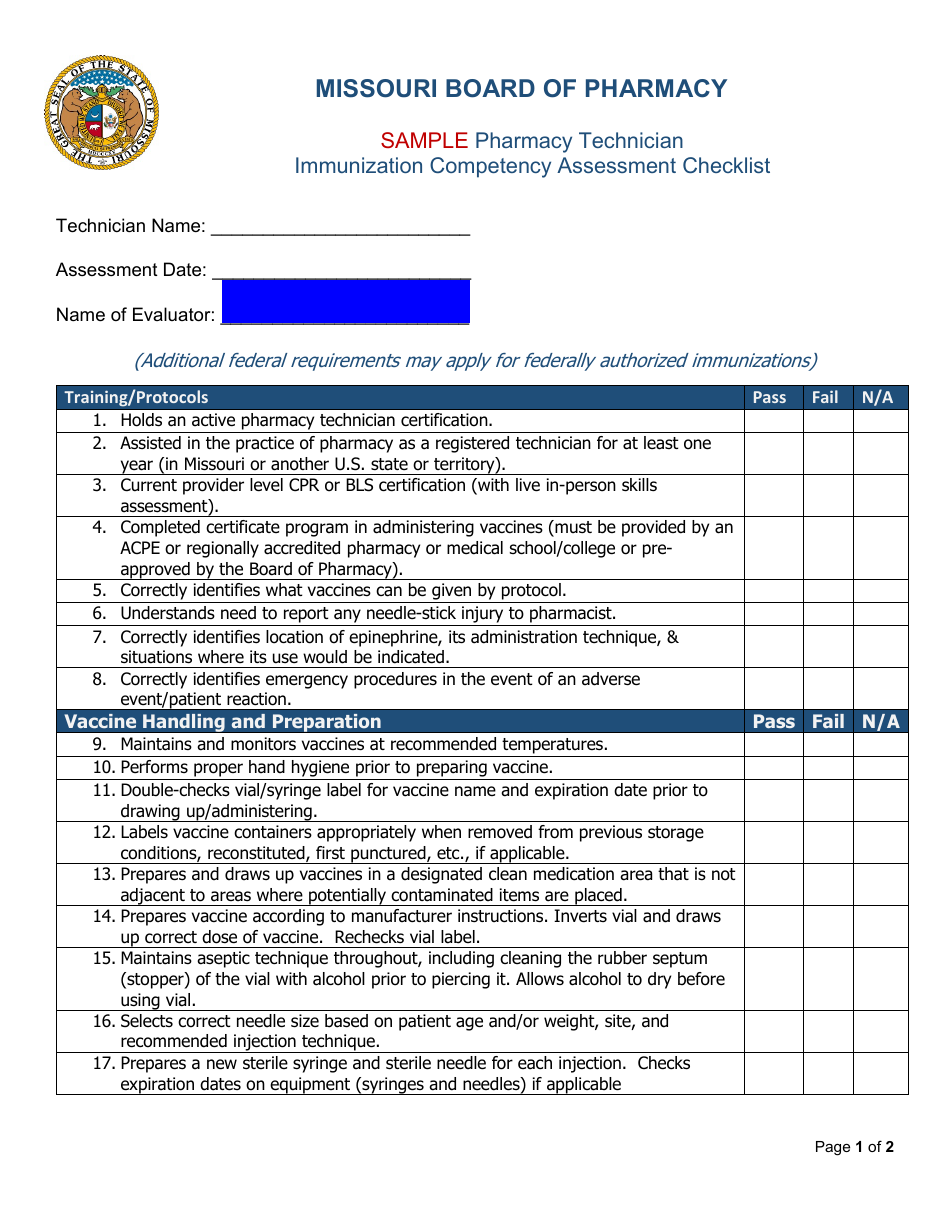 Pharmacy Technician Immunization Competency Assessment Checklist - Sample - Missouri, Page 1