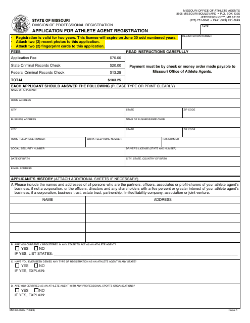 Form MO375-0235 Application for Athlete Agent Registration - Missouri