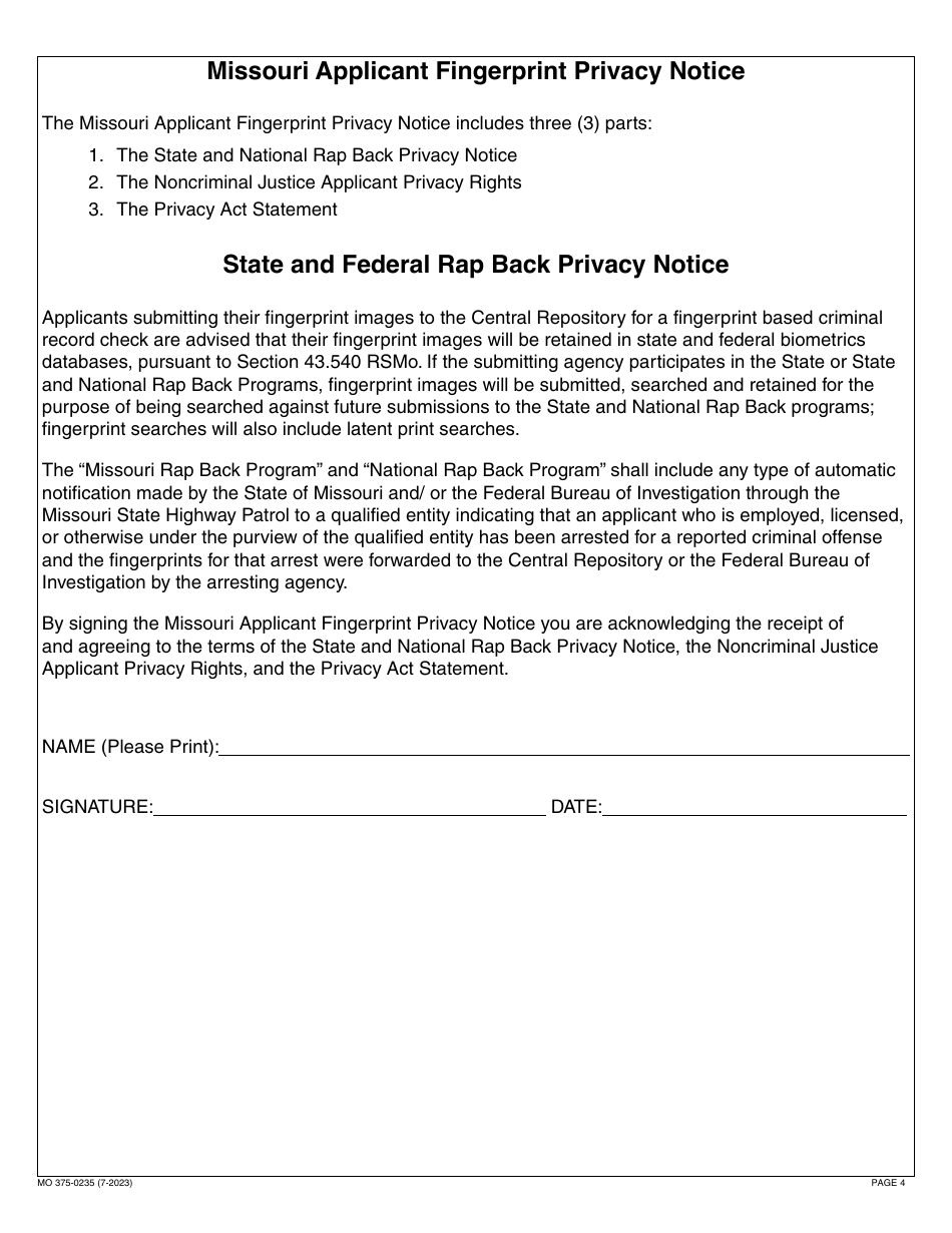 Form MO375-0235 Application for Athlete Agent Registration - Missouri, Page 4