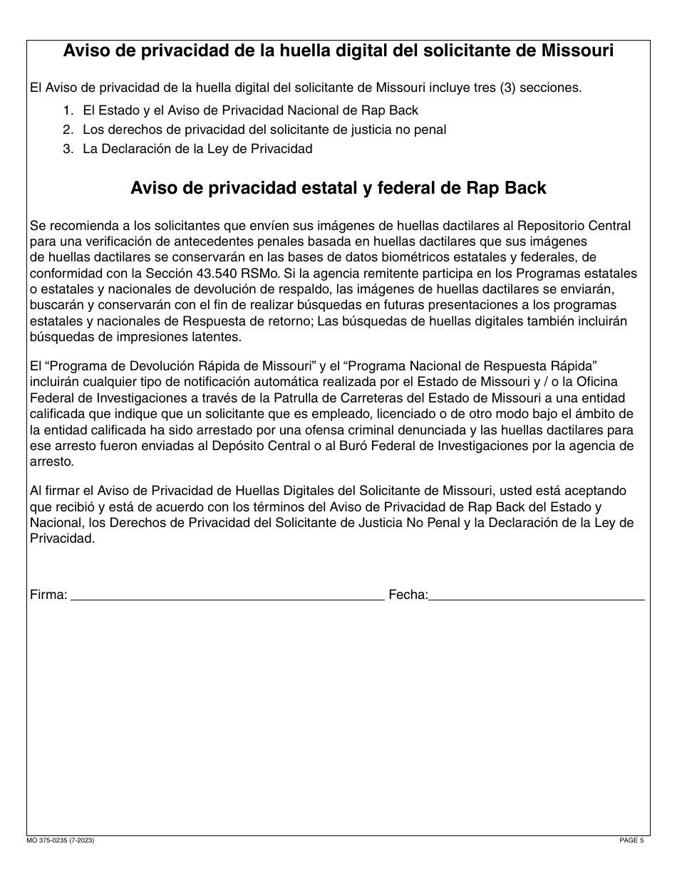 Form MO375-0235 Application for Athlete Agent Registration - Missouri, Page 5