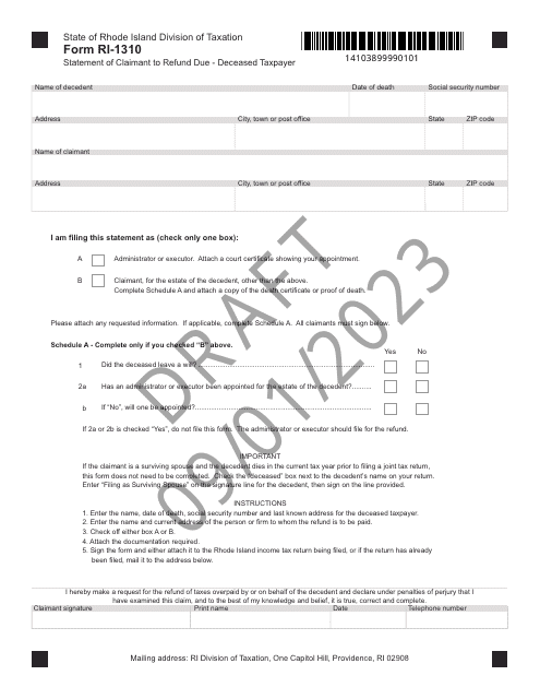 Form RI-1310 Statement of Claimant to Refund Due - Deceased Taxpayer - Draft - Rhode Island