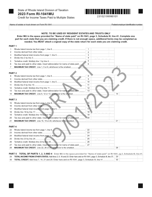 Form RI-1041MU Credit for Income Taxes Paid to Multiple States - Draft - Rhode Island, 2023