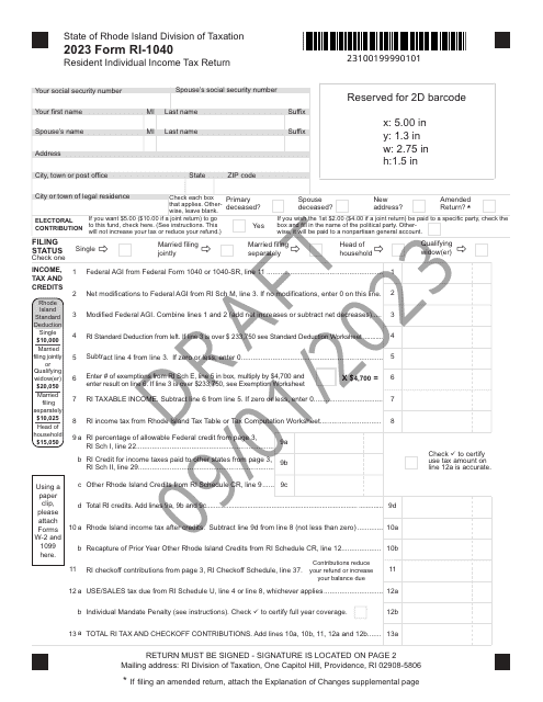 Form RI-1040 Resident Individual Income Tax Return - Draft - Rhode Island, 2023
