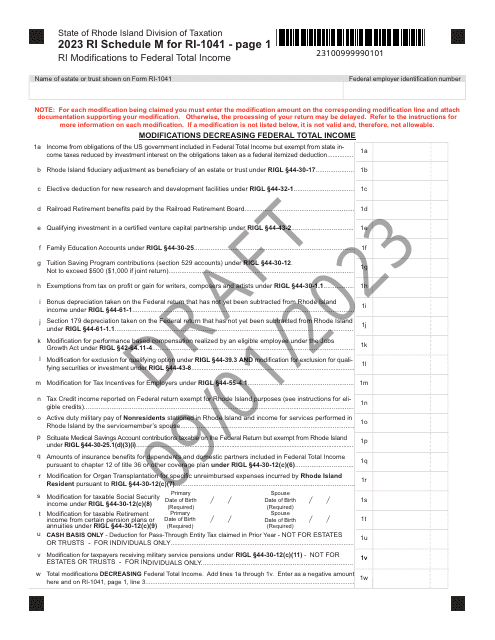 Form RI-1041 Schedule M Ri(modifications to Federal Total Income - Draft - Rhode Island, 2023