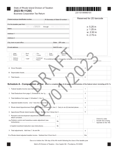 Form RI-1120C Business Corporation Tax Return - Draft - Rhode Island, 2023