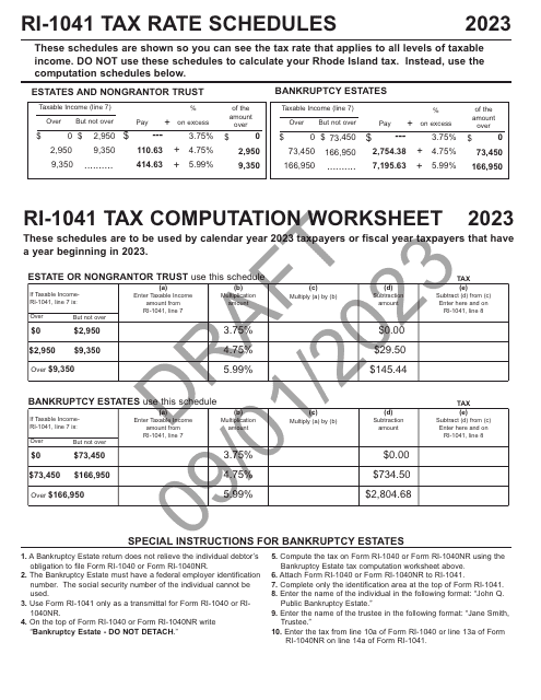 Ri-1041 Tax Computation Worksheet - Draft - Rhode Island, 2023