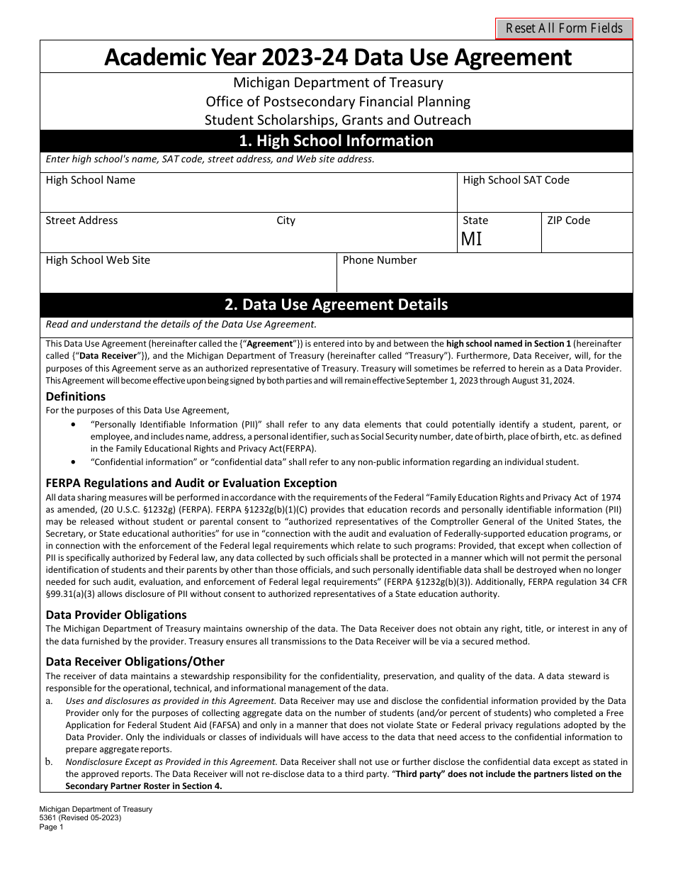 Form 5361 Academic Year 2023-24 Data Use Agreement - Michigan, Page 1