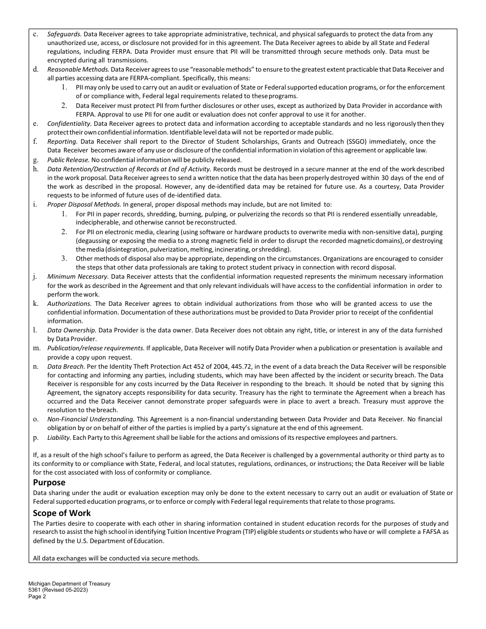 Form 5361 Academic Year 2023-24 Data Use Agreement - Michigan, Page 2