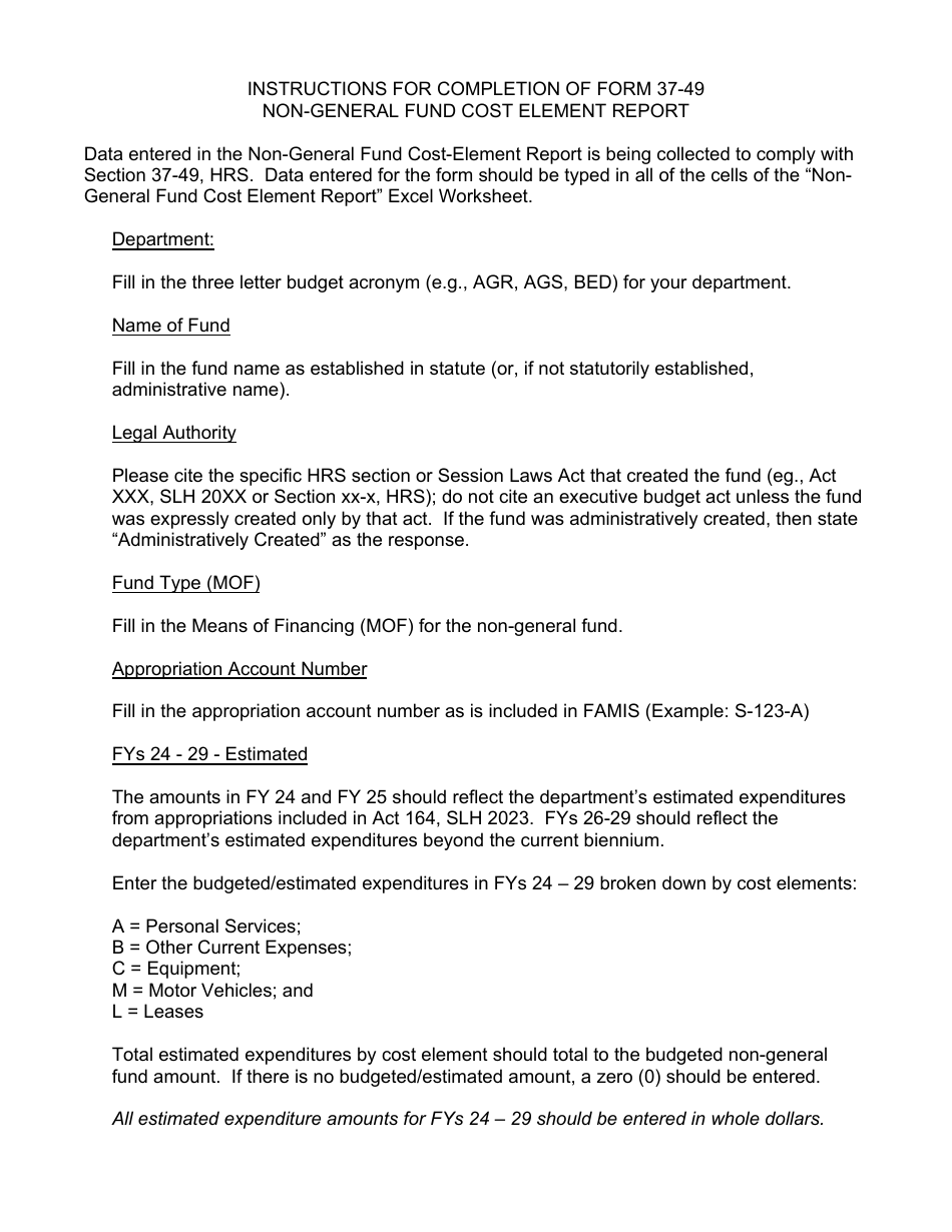 Instructions for Form 37-49 Non-general Fund Cost Element Report - Hawaii, Page 1