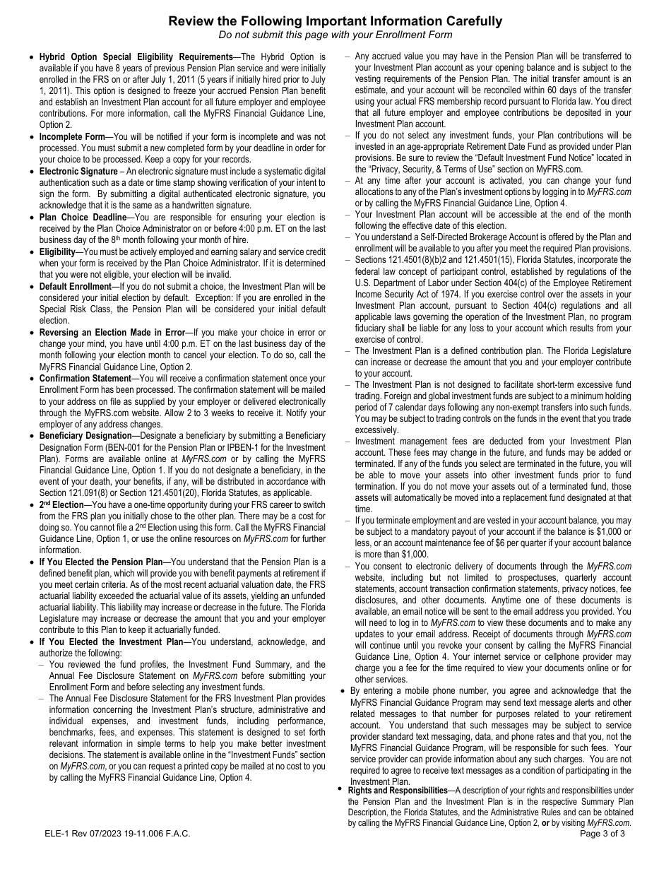 Form ELE-1 General Retirement Plan Enrollment Form - Florida, Page 3