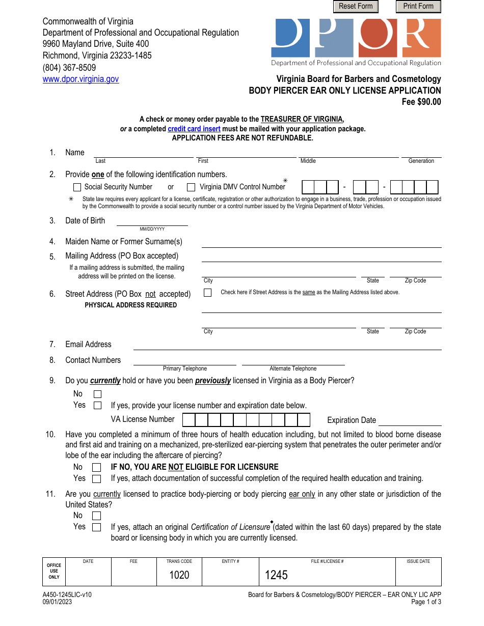Form A450-1245LIC Body Piercer Ear Only License Application - Virginia, Page 1