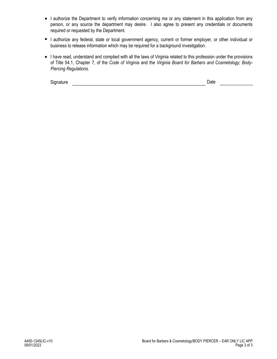 Form A450-1245LIC Body Piercer Ear Only License Application - Virginia, Page 3
