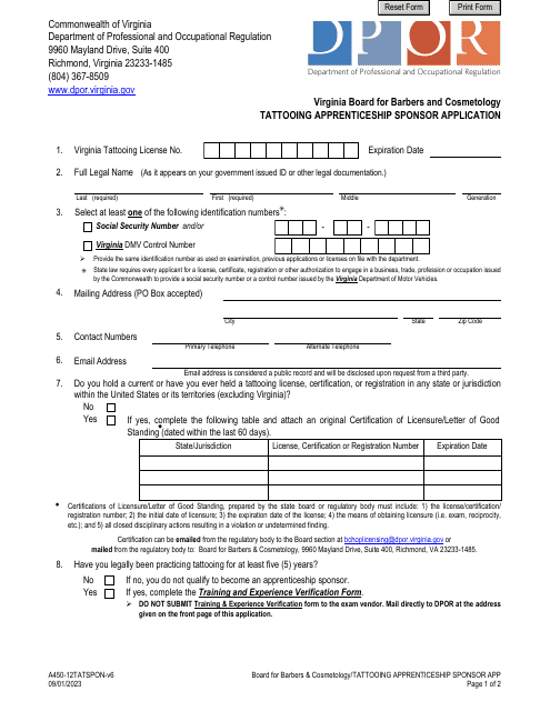 Form A450-12TATSPON Tattooing Apprenticeship Sponsor Application - Virginia