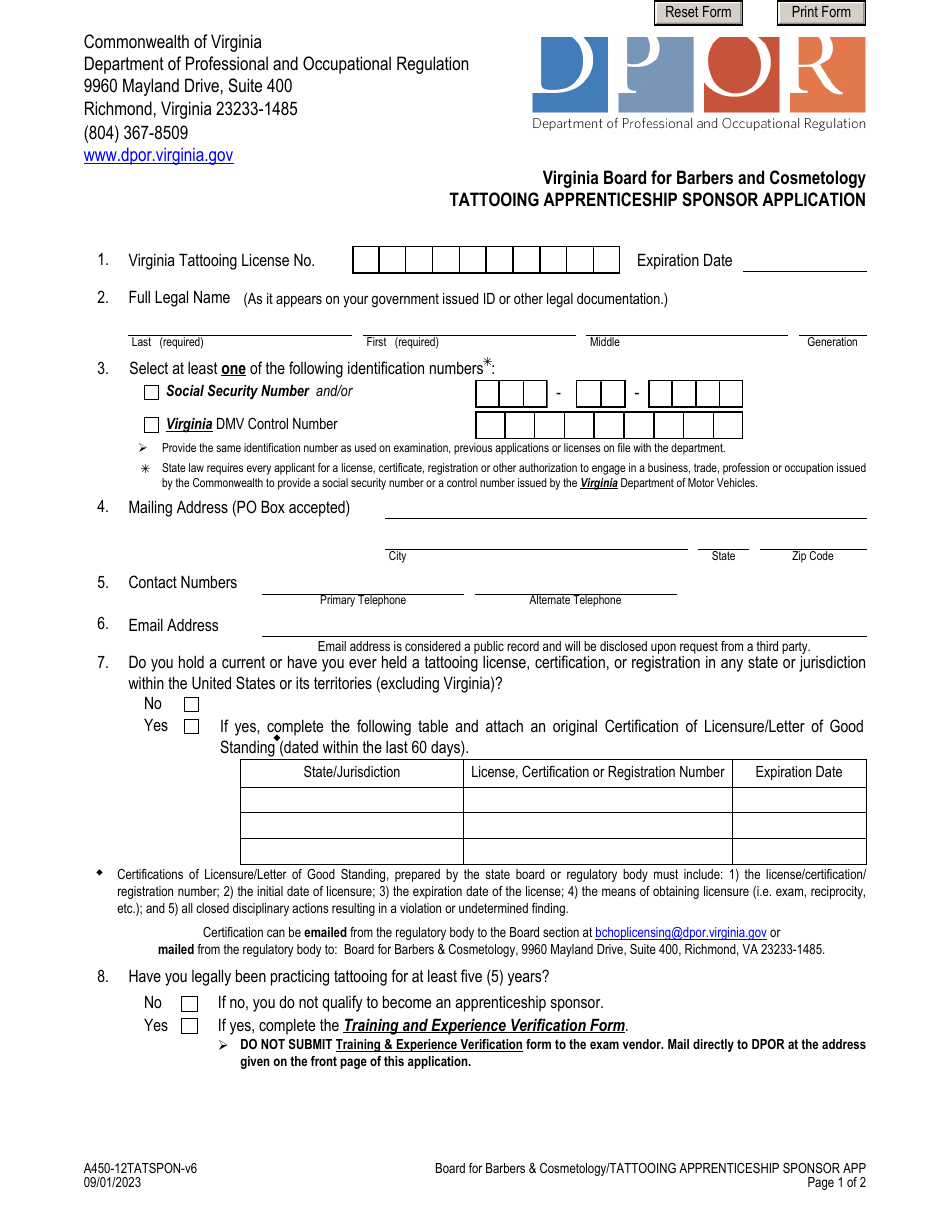 Form A450-12TATSPON Tattooing Apprenticeship Sponsor Application - Virginia, Page 1