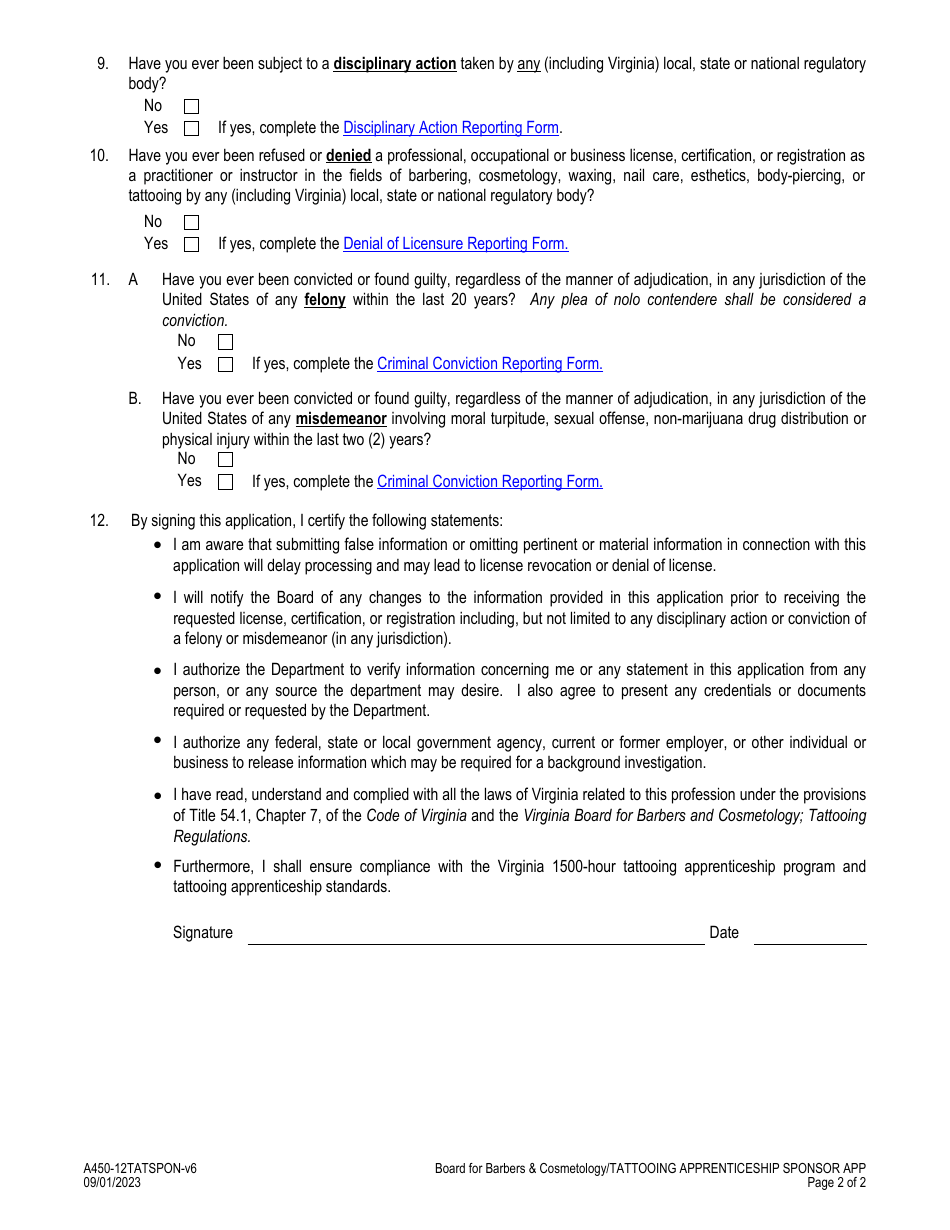 Form A450-12TATSPON Tattooing Apprenticeship Sponsor Application - Virginia, Page 2