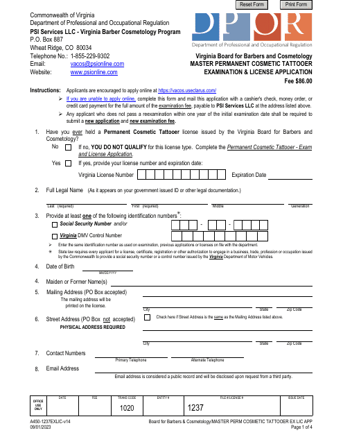 Form A450-1237EXLIC Master Permanent Cosmetic Tattooer Examination & License Application - Virginia