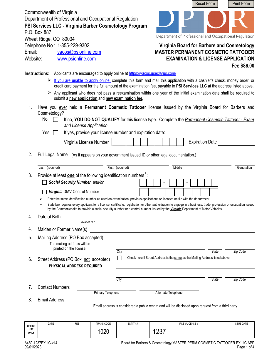 Form A450-1237EXLIC Master Permanent Cosmetic Tattooer Examination  License Application - Virginia, Page 1