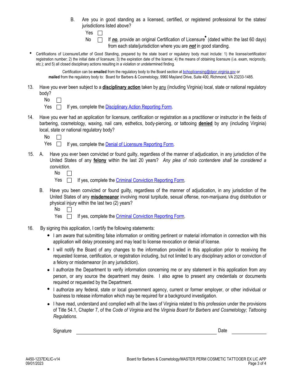 Form A450-1237EXLIC Master Permanent Cosmetic Tattooer Examination  License Application - Virginia, Page 3