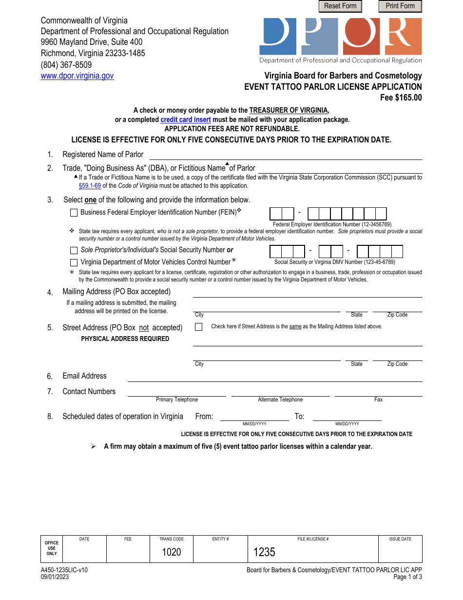 Form A450-1235LIC Event Tattoo Parlor License Application - Virginia, Page 1