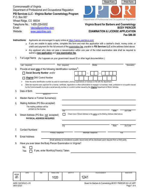 Form A450-1241EXLIC Body Piercer Examination & License Application - Virginia