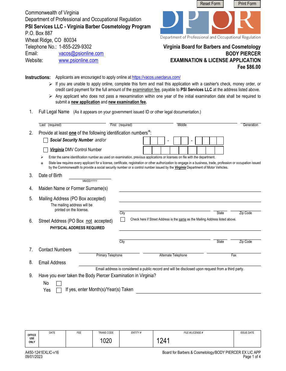 Form A450-1241EXLIC Body Piercer Examination  License Application - Virginia, Page 1
