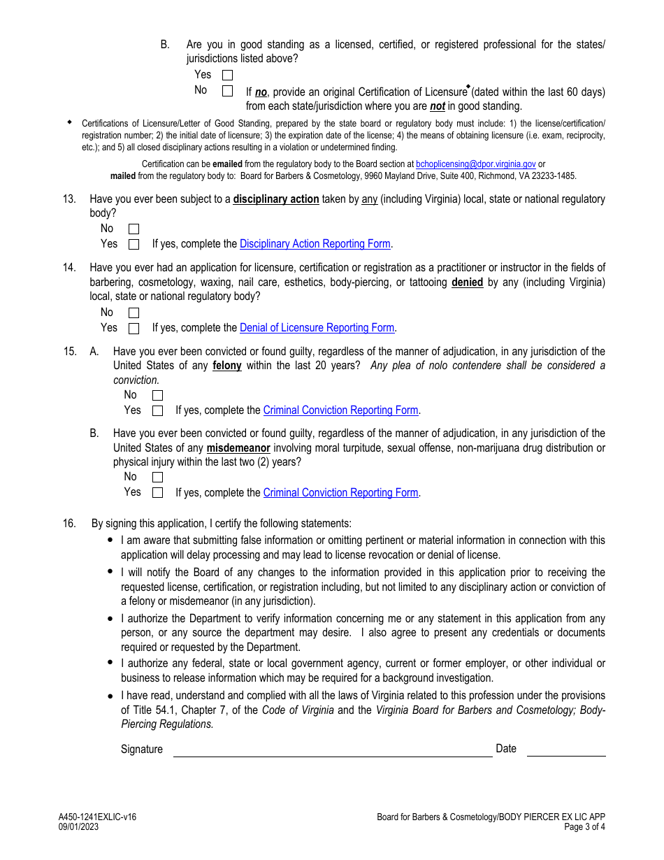 Form A450-1241EXLIC Body Piercer Examination  License Application - Virginia, Page 3