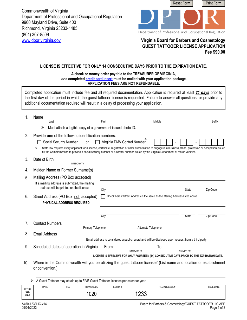 Form A450-1233LIC Guest Tattooer License Application - Virginia, Page 1