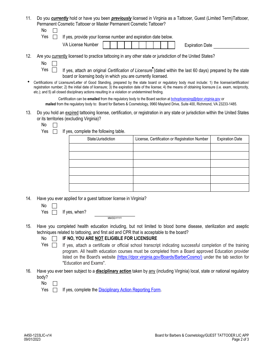 Form A450-1233LIC Guest Tattooer License Application - Virginia, Page 2