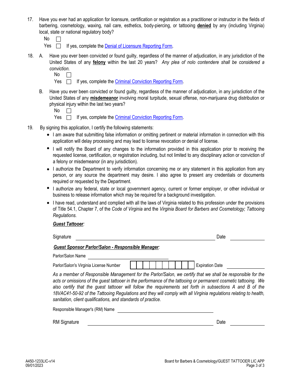 Form A450-1233LIC Guest Tattooer License Application - Virginia, Page 3