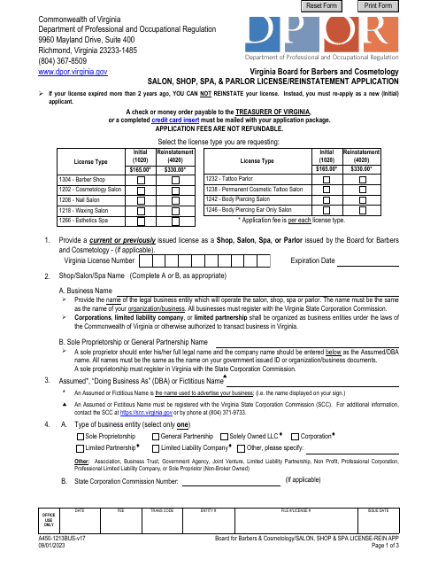 Form A450-1213BUS Salon, Shop, SPA, & Parlor License/Reinstatement Application - Virginia