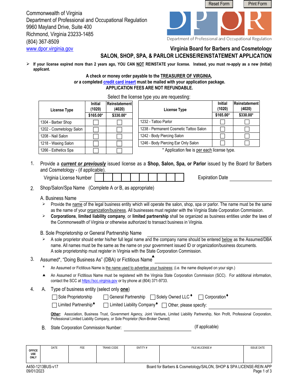 Form A4501213BUS Download Fillable PDF or Fill Online Salon, Shop, SPA, & Parlor License