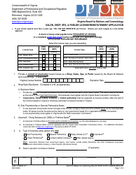 Form A450-1213BUS Salon, Shop, SPA, &amp; Parlor License/Reinstatement Application - Virginia