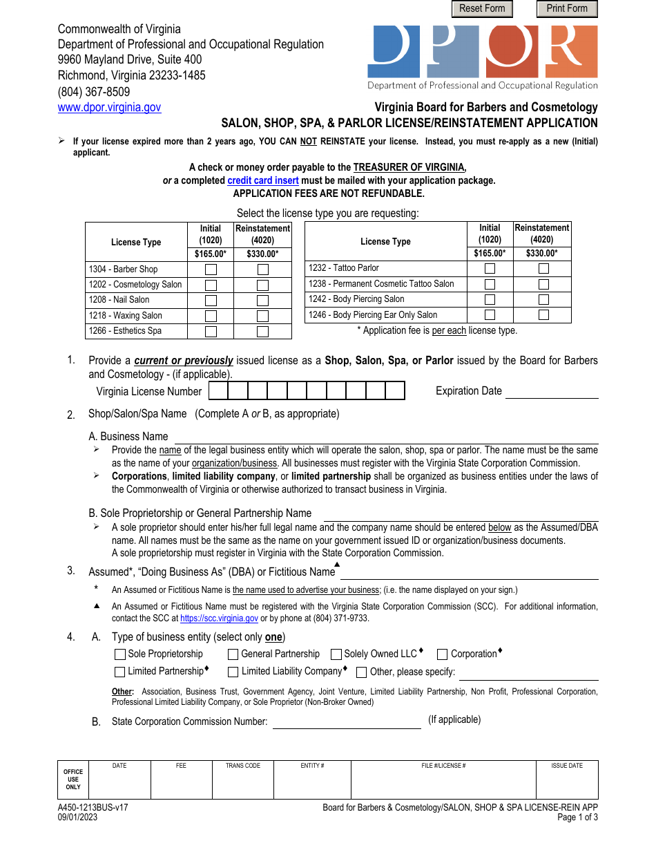 Form A450-1213BUS Salon, Shop, SPA,  Parlor License / Reinstatement Application - Virginia, Page 1