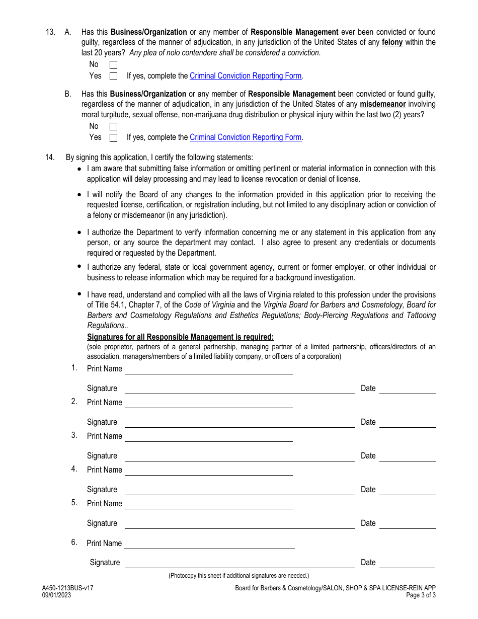 Form A450-1213BUS Salon, Shop, SPA,  Parlor License / Reinstatement Application - Virginia, Page 3