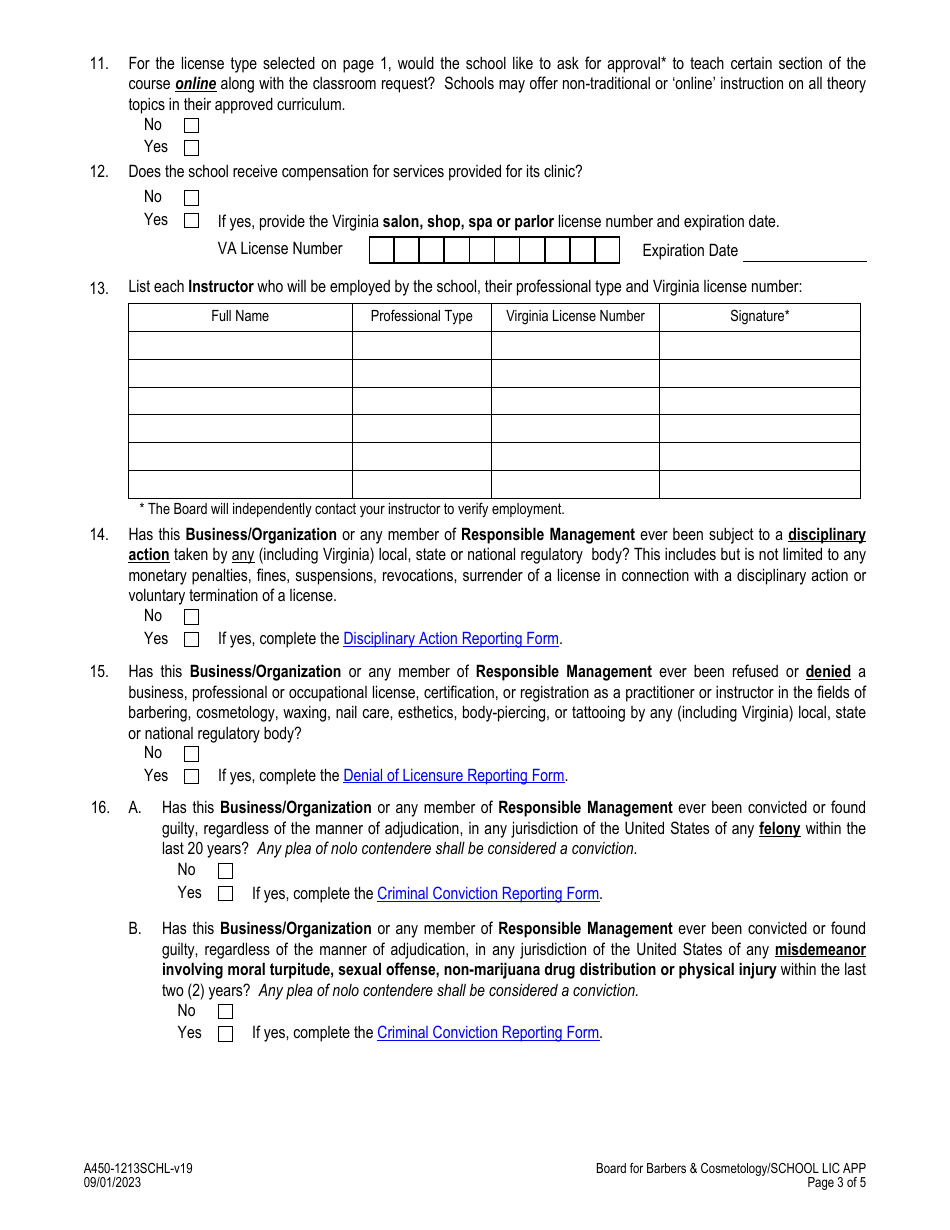 Form A450-1213SCHL School License Application - Virginia, Page 3