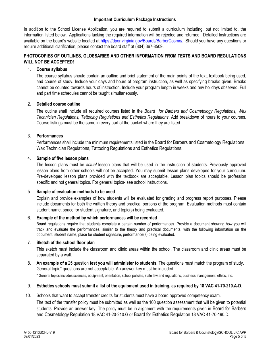 Form A450-1213SCHL School License Application - Virginia, Page 5