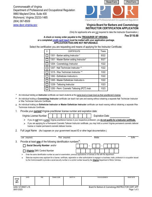 Form A450-1213INST Instructor Certification Application - Virginia