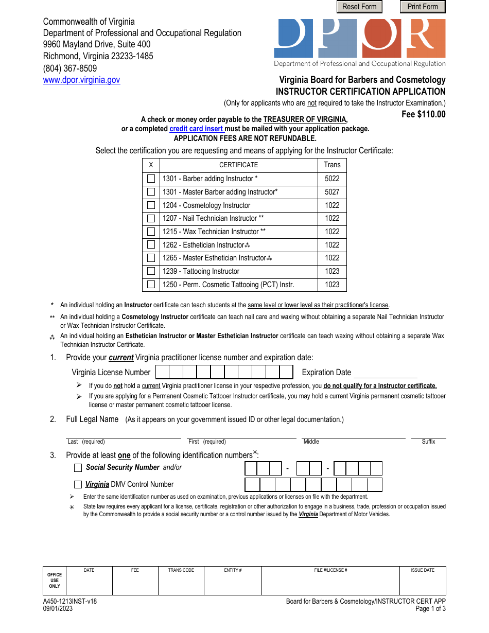Form A450-1213INST Instructor Certification Application - Virginia, Page 1