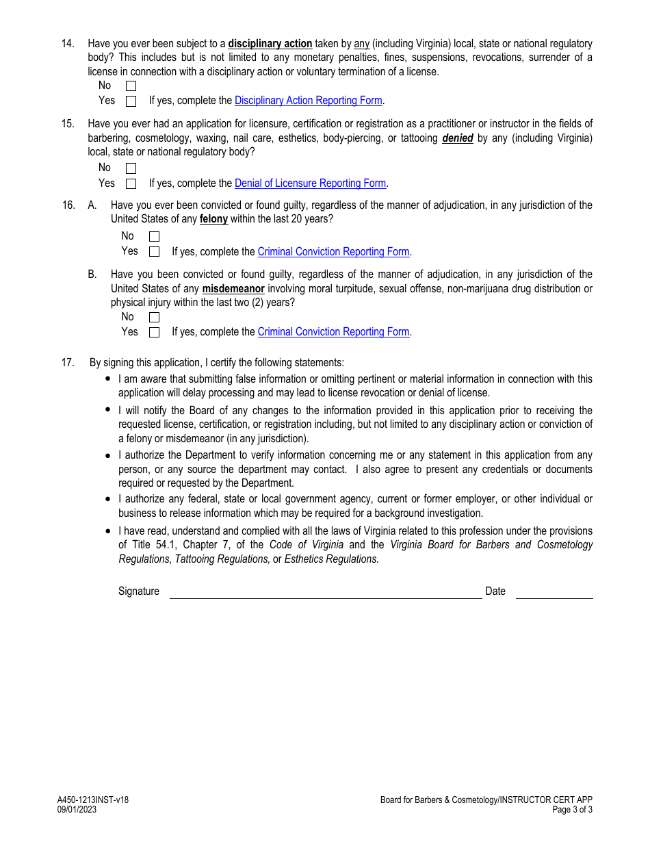 Form A450-1213INST Instructor Certification Application - Virginia, Page 3