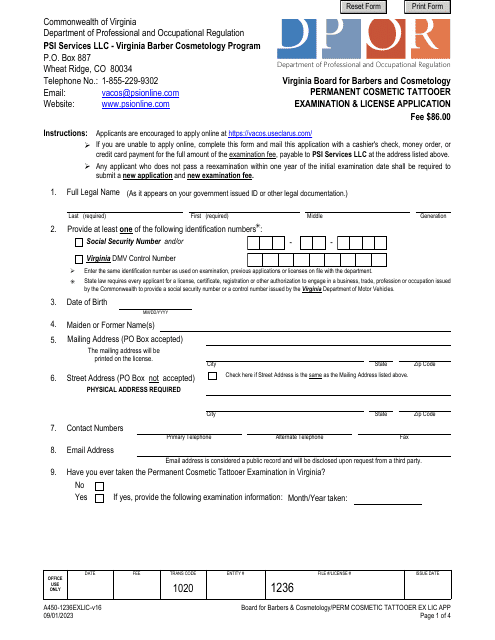 Form A450-1236EXLIC Permanent Cosmetic Tattooer Examination & License Application - Virginia