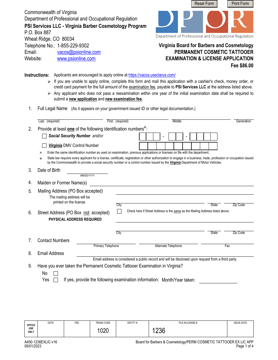 Form A450-1236EXLIC Permanent Cosmetic Tattooer Examination  License Application - Virginia, Page 1