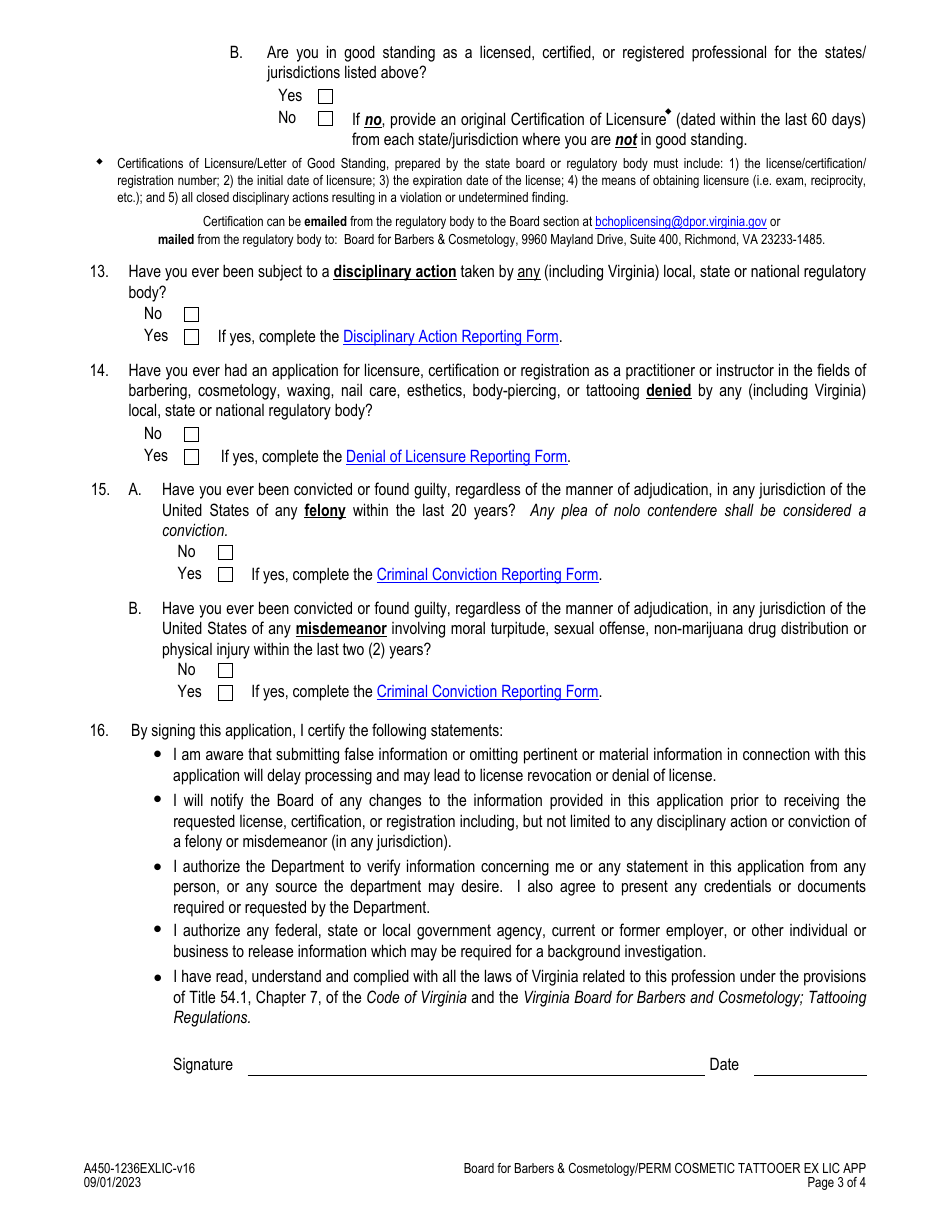 Form A450-1236EXLIC Permanent Cosmetic Tattooer Examination  License Application - Virginia, Page 3