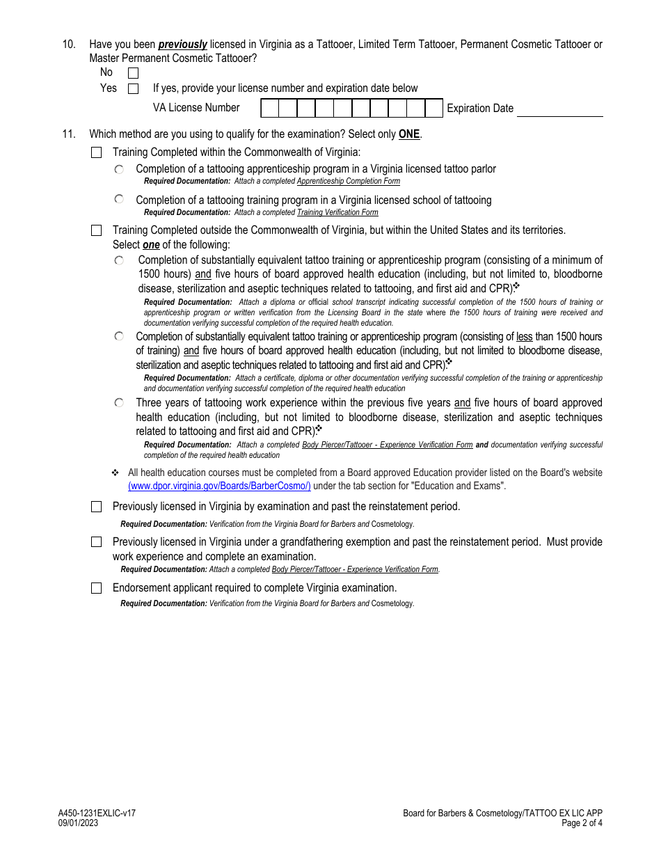 Form A450-1231EXLIC Tattooer Examination  License Application - Virginia, Page 2