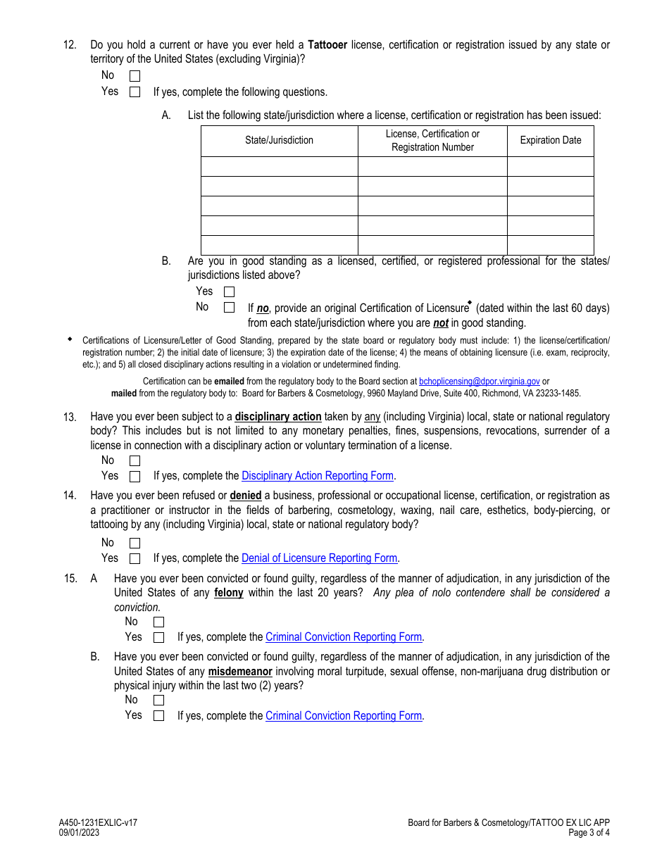 Form A450-1231EXLIC Tattooer Examination  License Application - Virginia, Page 3