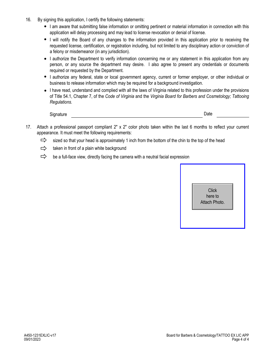 Form A450-1231EXLIC Tattooer Examination  License Application - Virginia, Page 4